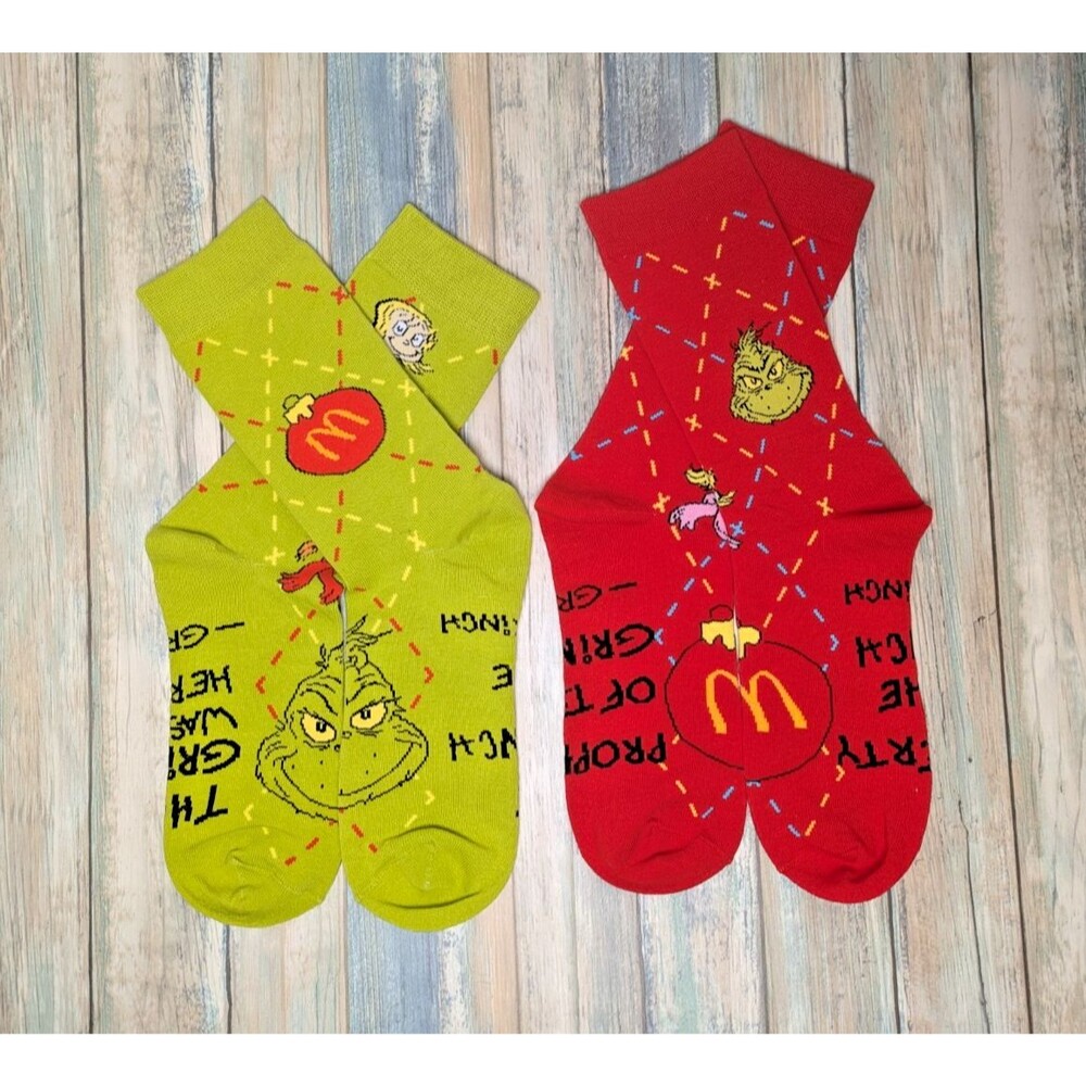 McDonald's Grinch Socks 2025 2 Pairs Adult Happy Meal Green & Red NEW No Bags